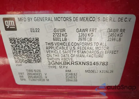 2022 Chevrolet Blazer Awd Rs из США, поврежденный, VIN 3GNKBKRSXNS145783